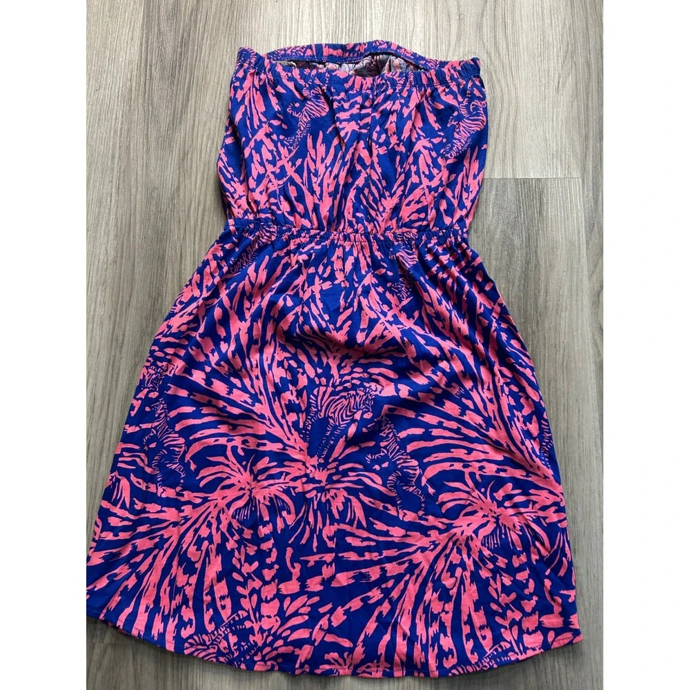 Lilly Pulitzer Strapless Dress Pink Blue Tropical Print Smocked Waist‎ XS - Picture 5 of 5